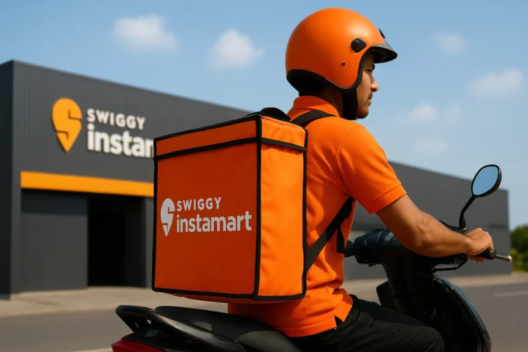 Swiggy Instamart delivery rider on scooter in front of Instamart warehouse, representing India’s fast-growing quick-commerce industry.