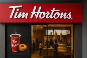 Tim Hortons café storefront in India showing customers inside and branded red signage above the entrance.