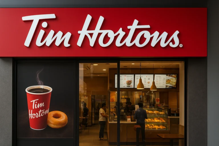 Tim Hortons café storefront in India showing customers inside and branded red signage above the entrance.