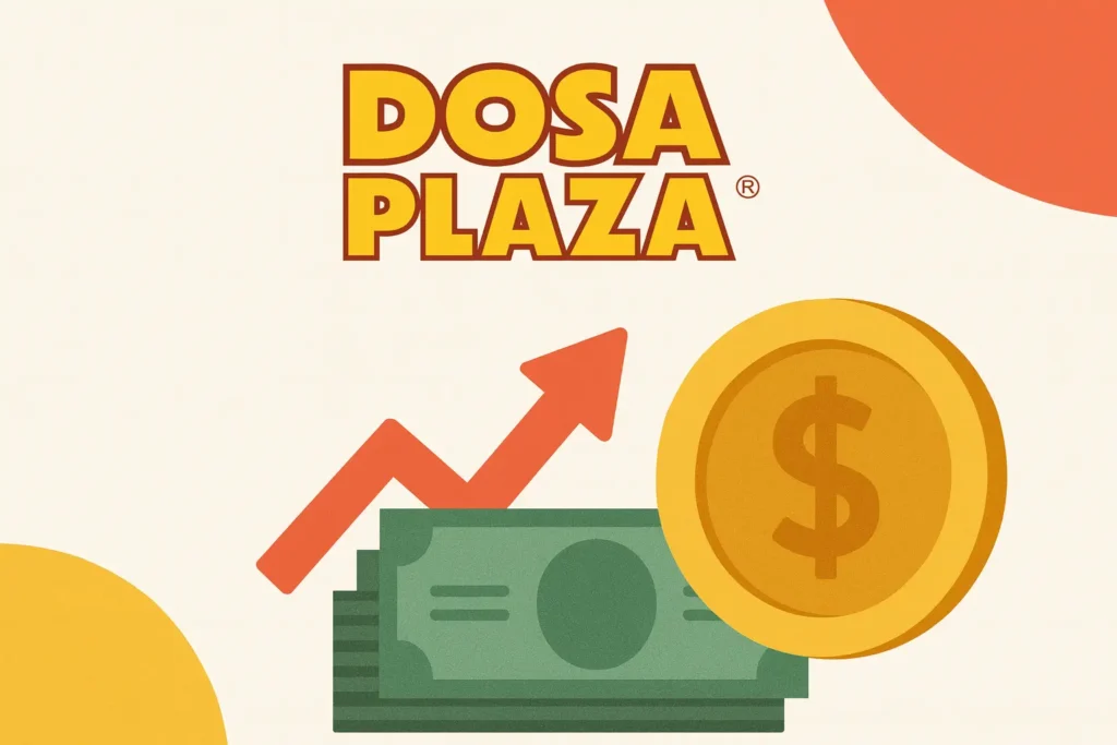 Financial growth concept with money, coins, and rising arrow symbolizing Dosa Plaza franchise profitability in 2025.