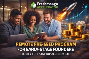 Early stage founders collaborating in Freshmango Accelerator equity free remote pre seed startup program