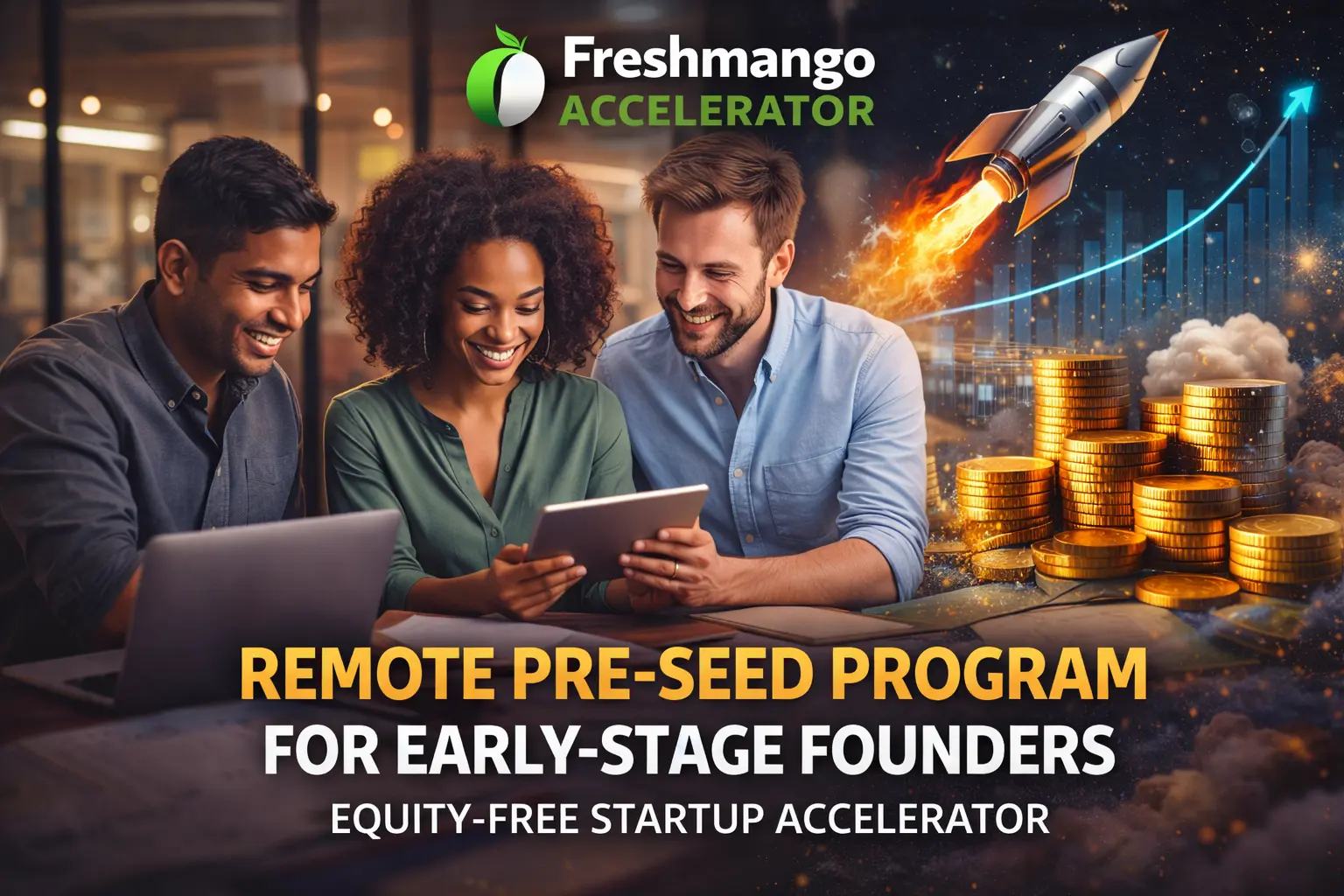 Early stage founders collaborating in Freshmango Accelerator equity free remote pre seed startup program