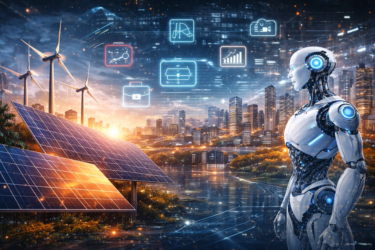 Futuristic illustration showing India job market transformation with AI technology renewable energy and digital careers
