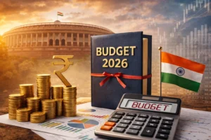 Union Budget 2026 theme showing Budget documents, Indian Parliament, rupee symbol, calculator and financial charts