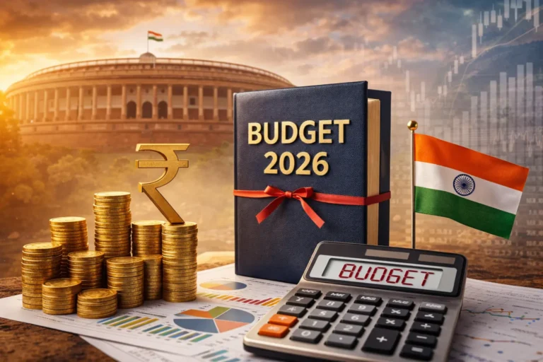 Union Budget 2026 theme showing Budget documents, Indian Parliament, rupee symbol, calculator and financial charts