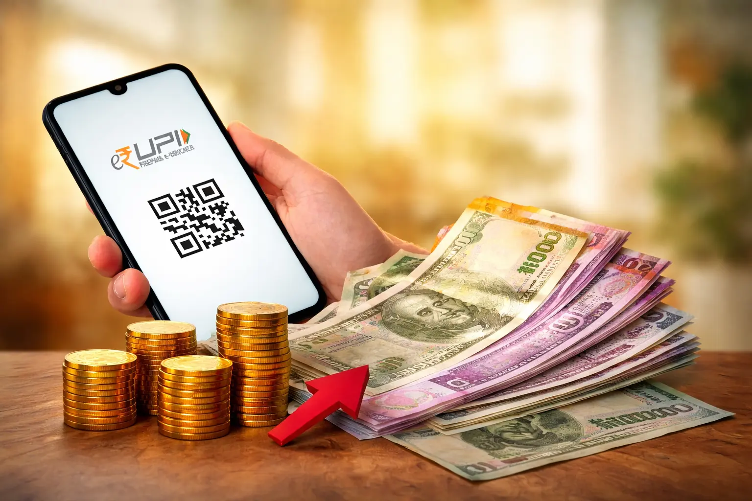 Smartphone showing UPI QR code with Indian currency notes and coins representing failed UPI payment compensation in India