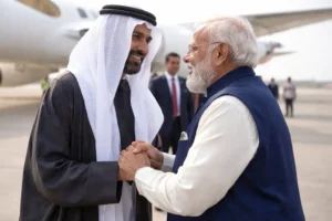 Prime Minister Narendra Modi warmly welcomes UAE President Sheikh Mohamed bin Zayed Al Nahyan at the airport, highlighting strong India UAE friendship
