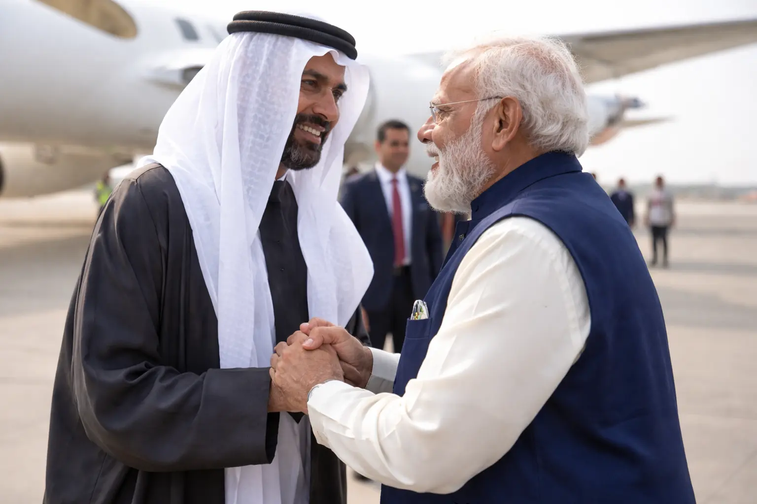 Prime Minister Narendra Modi warmly welcomes UAE President Sheikh Mohamed bin Zayed Al Nahyan at the airport, highlighting strong India UAE friendship