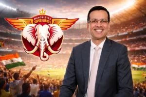 Manchester Super Giants owner Sanjiv Goenka with new team logo during global cricket expansion