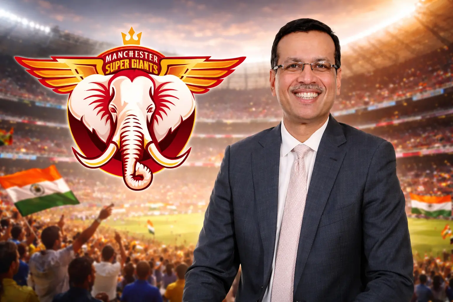 Manchester Super Giants owner Sanjiv Goenka with new team logo during global cricket expansion