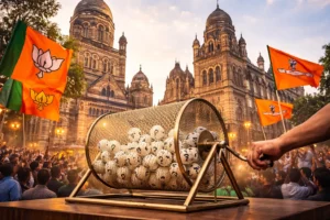 Mumbai Mayor Reservation Lottery scene outside BMC building as parties await caste category draw