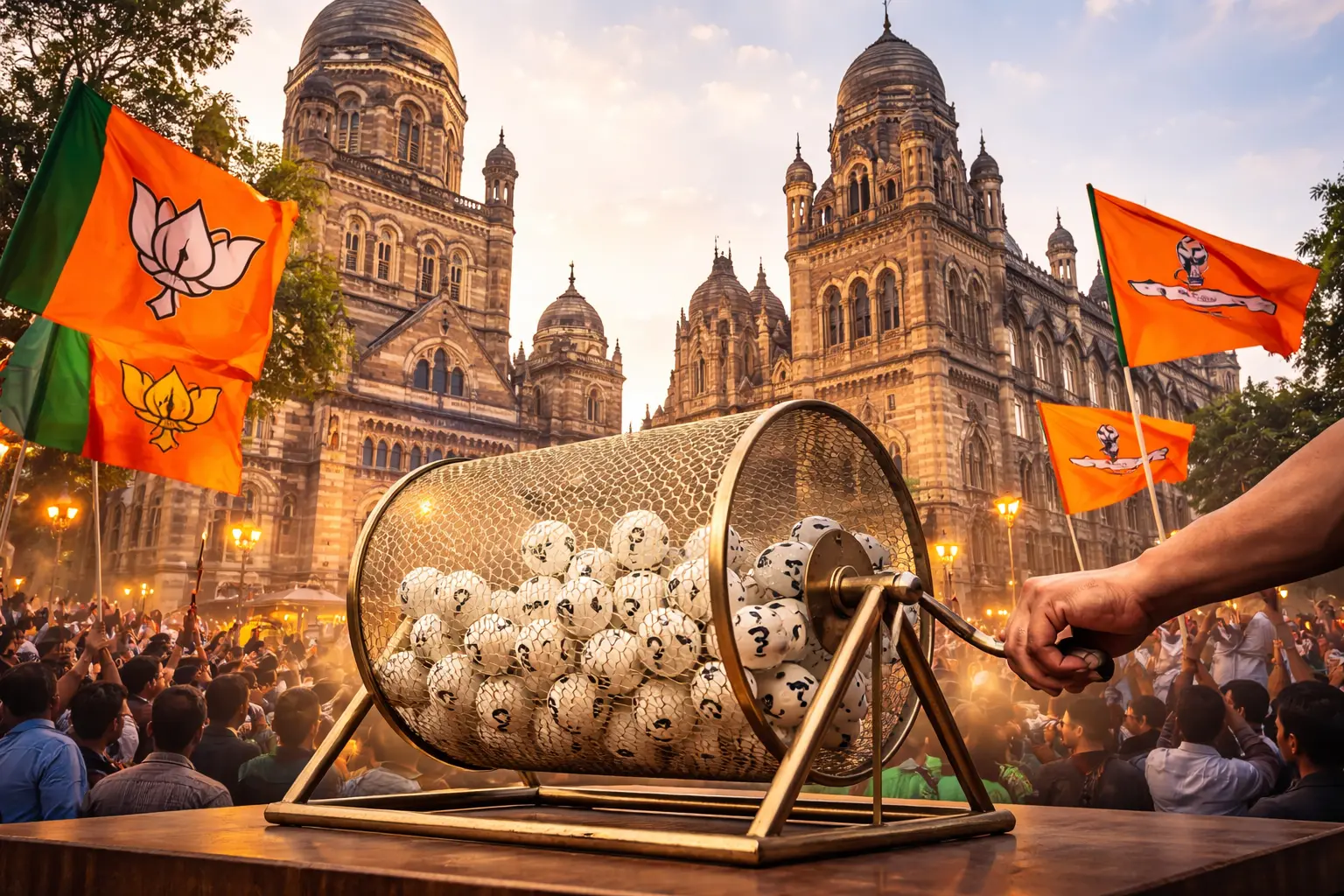 Mumbai Mayor Reservation Lottery scene outside BMC building as parties await caste category draw