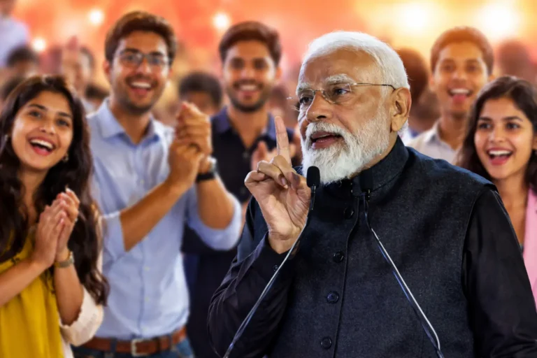 Prime Minister Narendra Modi addressing young entrepreneurs on National Startup Day, highlighting innovation and startup spirit in India