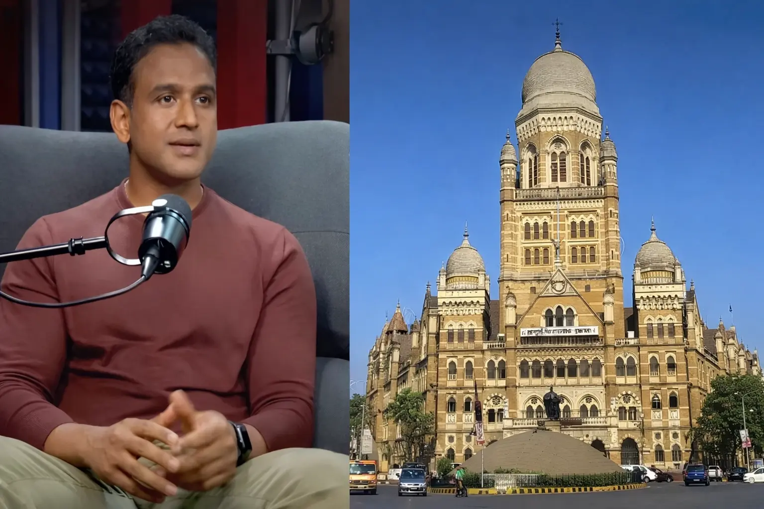 Nithin Kamath discussing stock market holiday debate alongside Mumbai municipal building