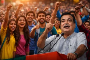 Nitin Gadkari addressing young crowd while speaking about youth leadership in India