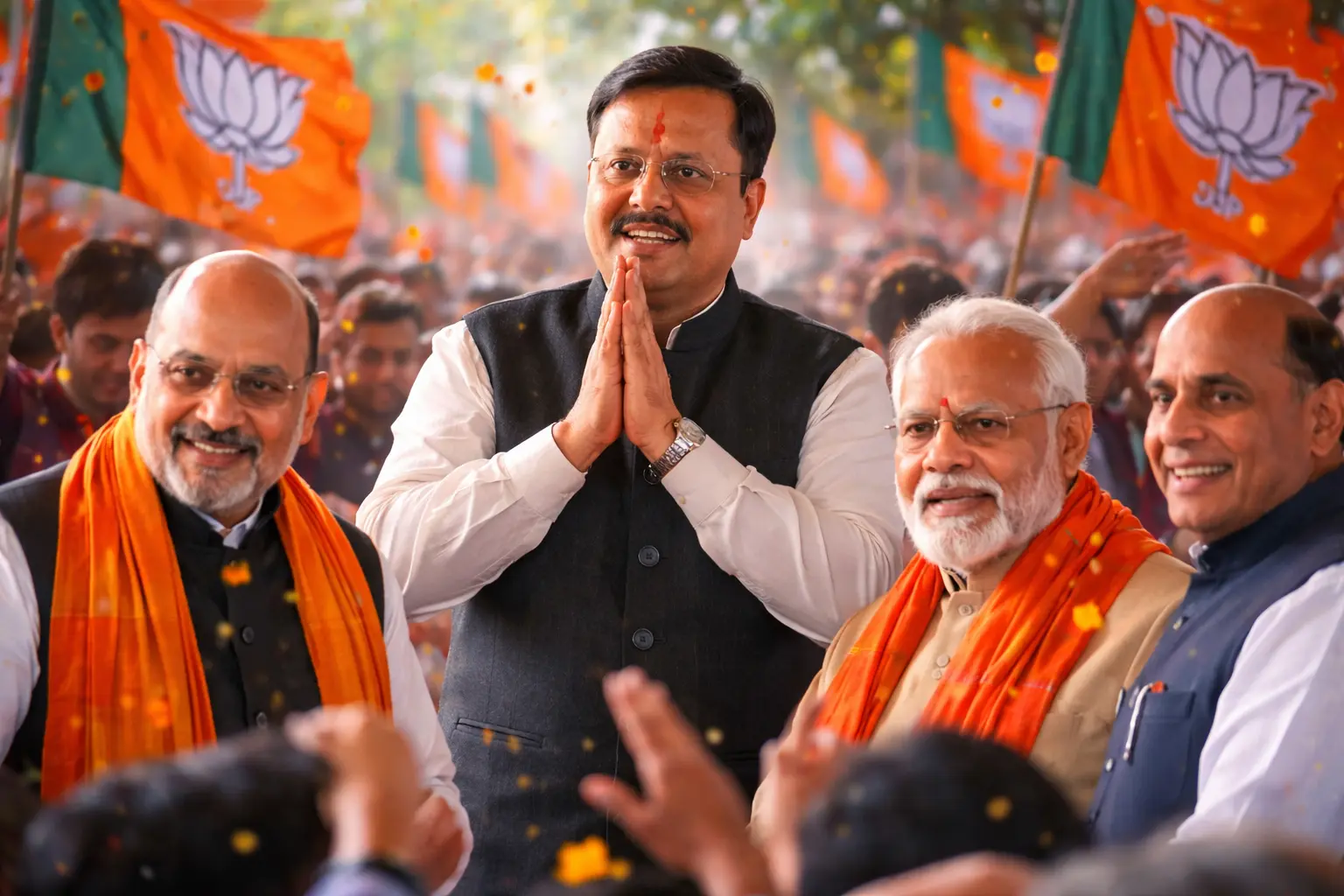 Nitin Nabin greeting supporters after being elected BJP national president at a Delhi event