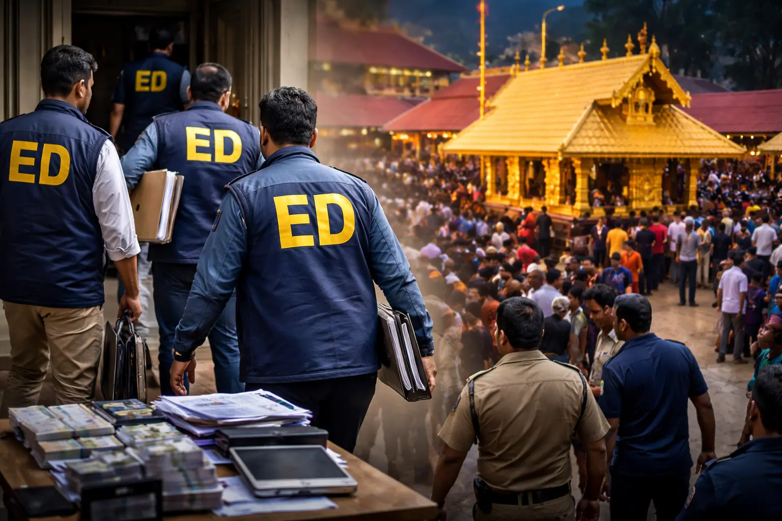 Enforcement Directorate officials during multi-state raids linked to the Sabarimala gold theft case in South India