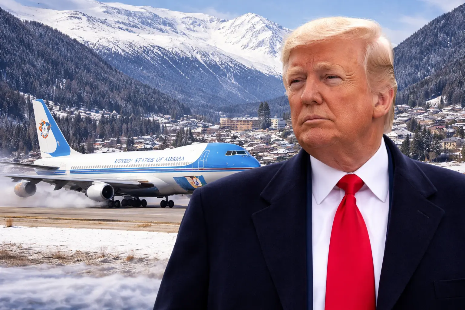 Donald Trump stands near Air Force One with snowy Davos mountains in the background during his trip amid Greenland tensions