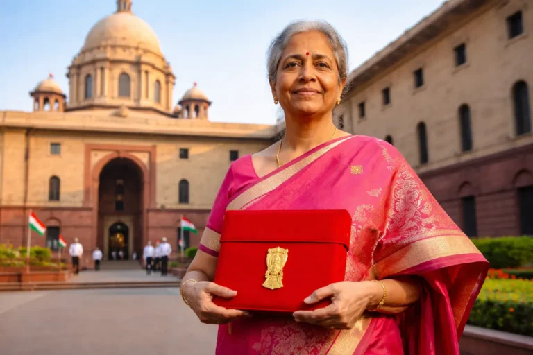 Union Budget 2026 presentation as Finance Minister Nirmala Sitharaman arrives with budget briefcase at North Block