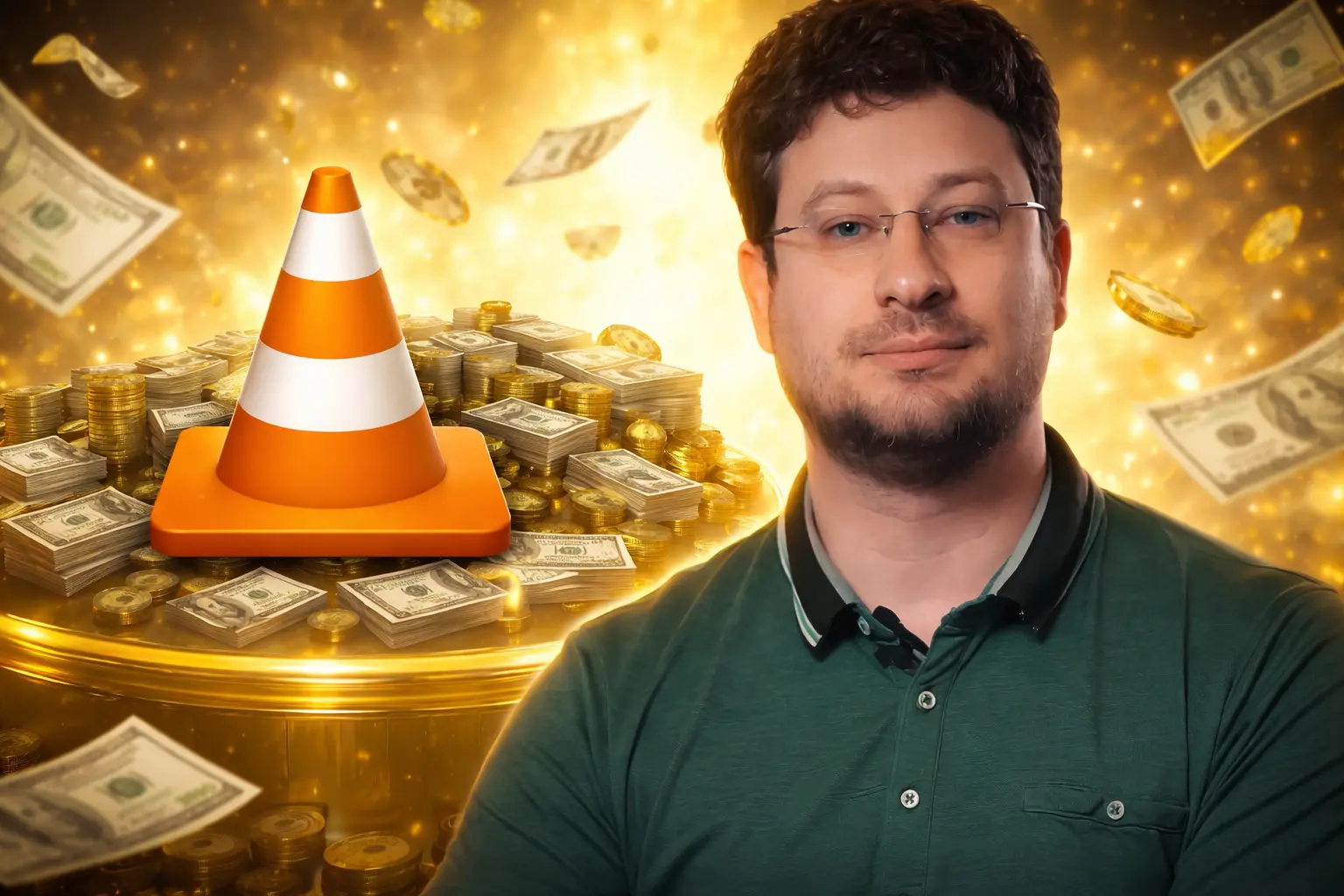 VLC Media Player creator standing beside the VLC cone symbol with money background showing its billion-dollar potential