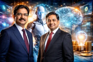 Aditya Birla Group leaders with artificial intelligence concept symbolizing entry into AI race with Articul8 startup