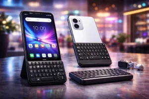 Clicks BlackBerry style smartphone with physical keyboard and snap on mobile keyboard accessory for productivity users