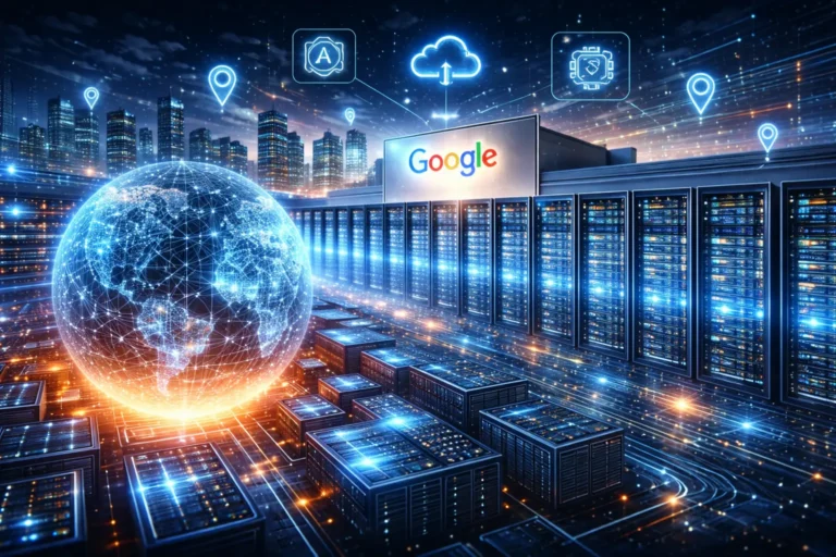 Futuristic Google data center network powering the global internet with cloud and AI infrastructure