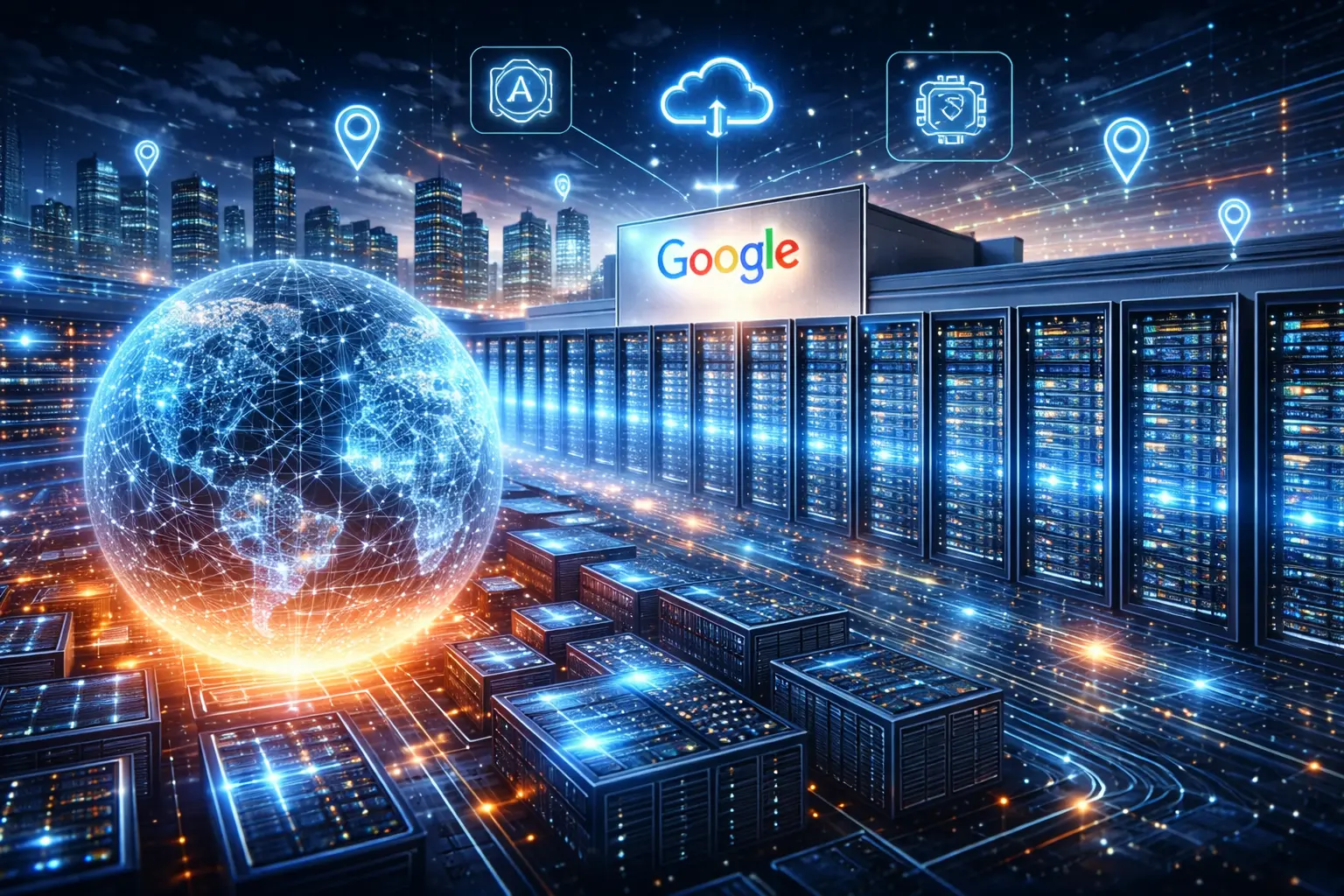 Futuristic Google data center network powering the global internet with cloud and AI infrastructure