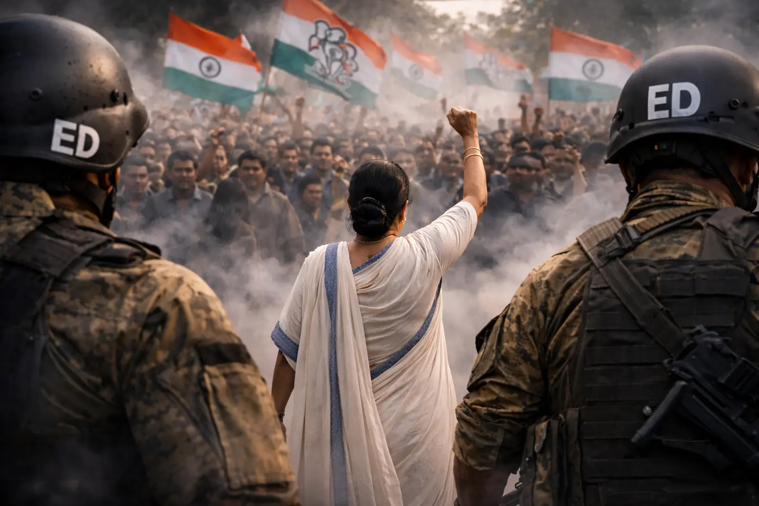 Back view of Mamata Banerjee leading protest amid ED raids and Calcutta High Court hearing chaos