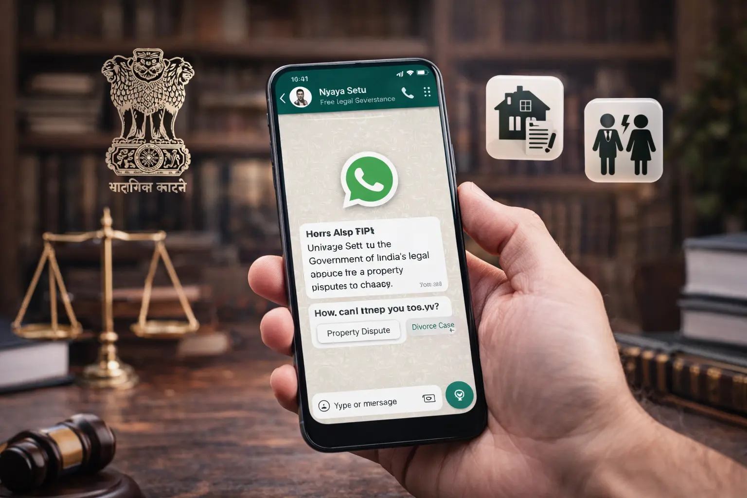 Nyaya Setu government chatbot providing free legal help on WhatsApp for property and divorce cases in India