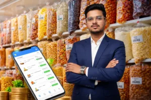 Indian kirana store owner using Soveh B2B app to manage pricing supply and inventory with clarity