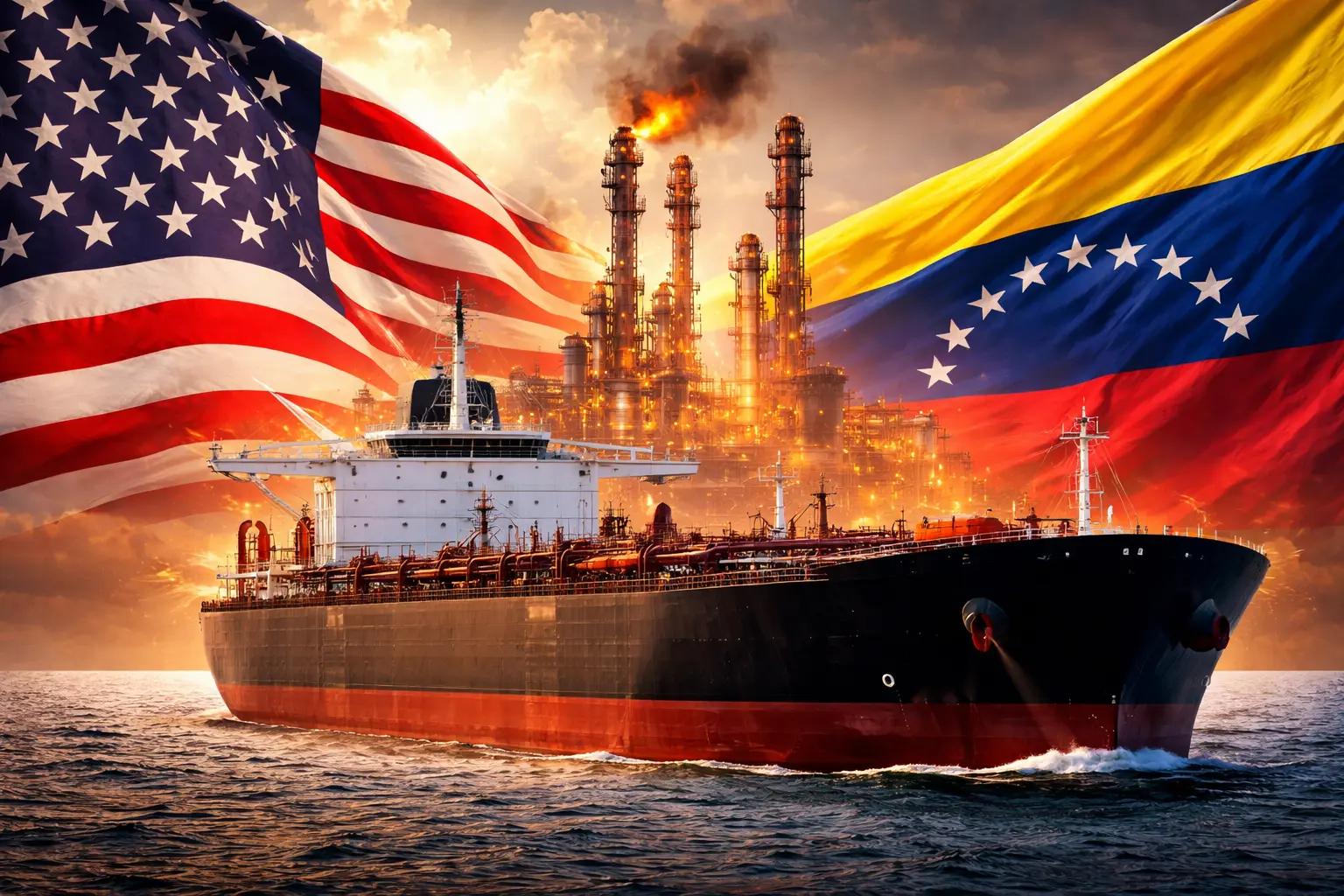 Trump Venezuela oil deal showing oil tanker symbolizing fifty million barrels of crude heading to the United States