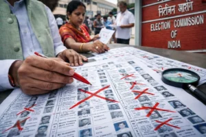 Election officials reviewing and removing names from the Uttar Pradesh voter list during the SIR draft revision process