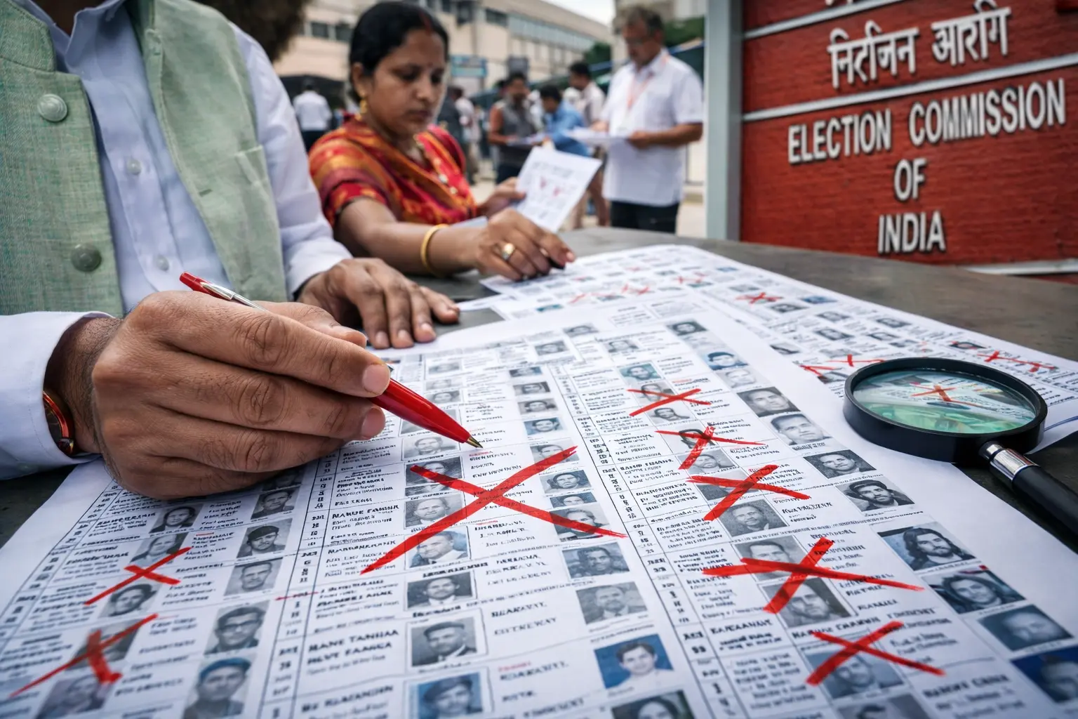 Election officials reviewing and removing names from the Uttar Pradesh voter list during the SIR draft revision process