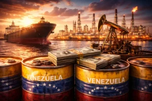 Venezuelan oil barrels and tanker symbolizing trading houses securing first crude deals ahead of US oil giants