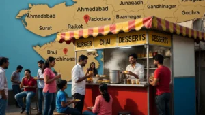 Vibrant Indian food stall serving burgers, chai, and desserts with happy customers and Gujarat map in background for low-investment food franchise opportunities 2026