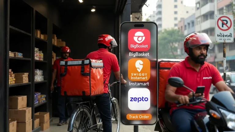 Dark store interior with quick-commerce workers packing orders and delivery riders on bikes in urban Gujarat setting for quick-commerce & dark store franchise opportunities in India 2026