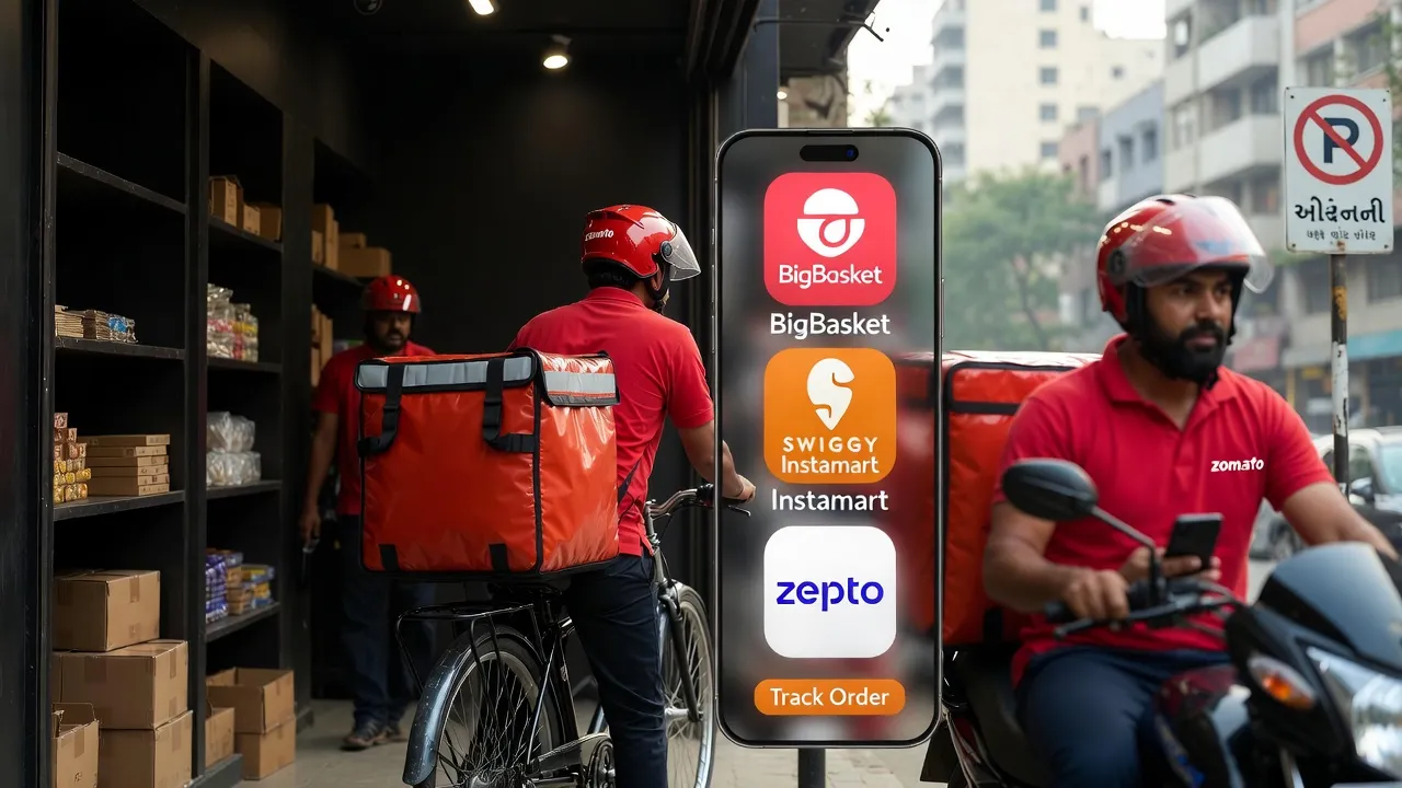 Dark store interior with quick-commerce workers packing orders and delivery riders on bikes in urban Gujarat setting for quick-commerce & dark store franchise opportunities in India 2026