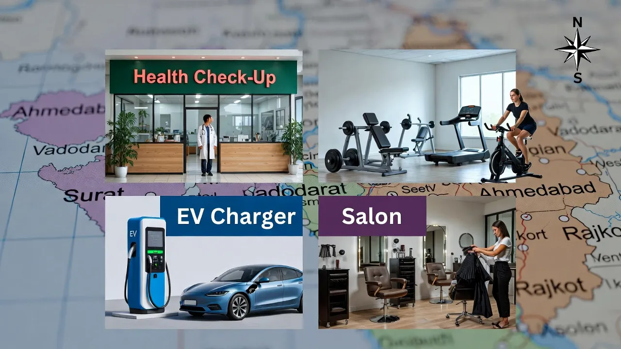 Collage of emerging franchise sectors in India 2026: preventive health check-up, gym fitness, EV charging station, beauty salon, overlaid with Gujarat map highlighting cities like Ahmedabad, Surat, Vadodara
