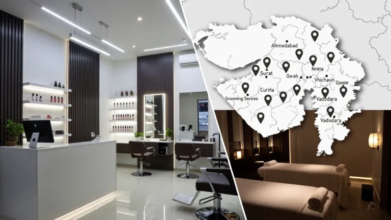 Modern luxury salon and spa interior in India with grooming stations, massage beds, and Gujarat map overlay, showcasing beauty, grooming & wellness franchise opportunities in 2026