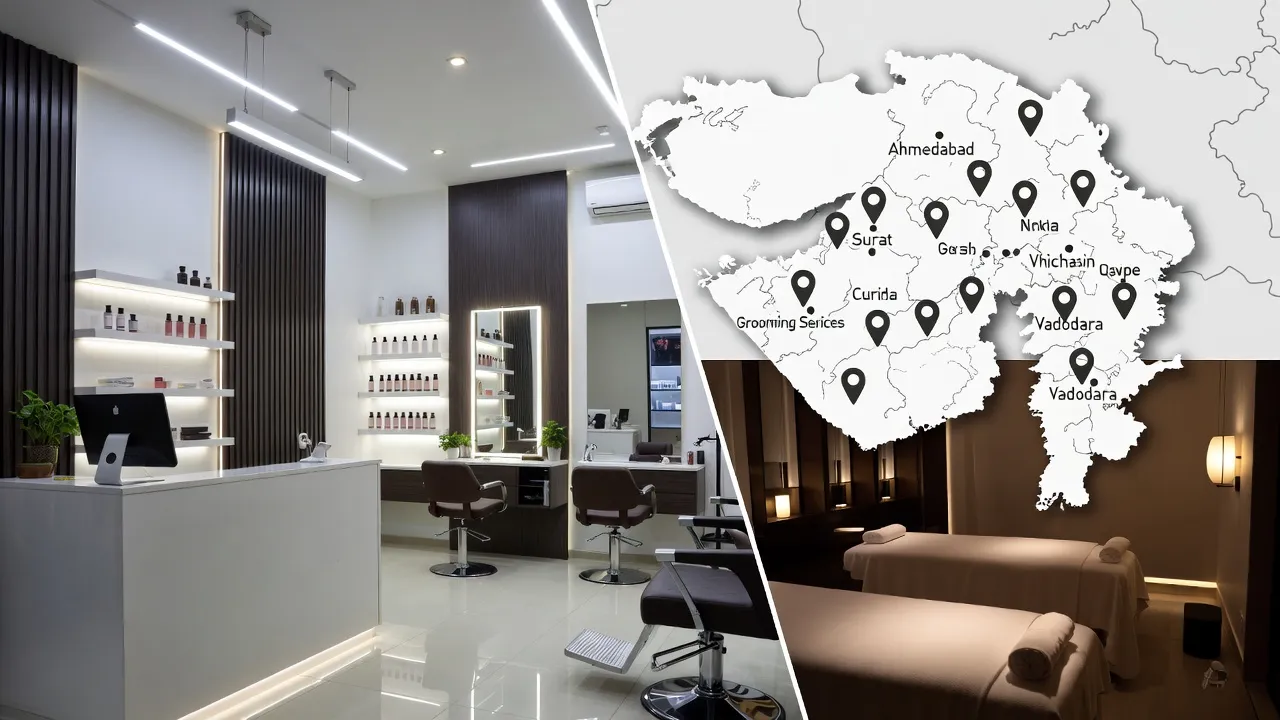 Modern luxury salon and spa interior in India with grooming stations, massage beds, and Gujarat map overlay, showcasing beauty, grooming & wellness franchise opportunities in 2026