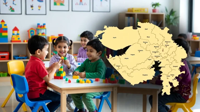 Happy children playing and learning with colorful blocks in a modern preschool classroom, overlaid with Gujarat map, representing top education and preschool franchise opportunities in India 2026