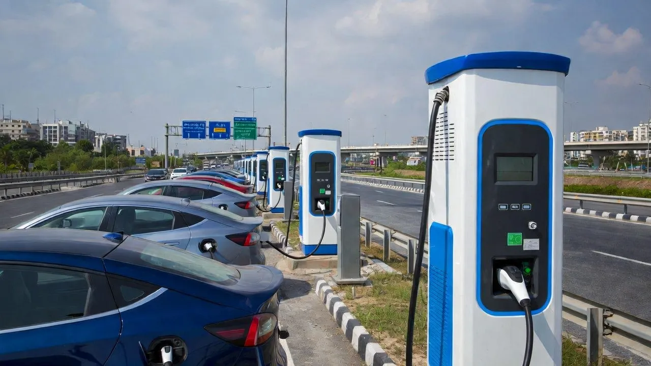 Electric vehicles charging at modern EV stations on a Gujarat highway with multiple cars plugged in, representing top EV charging franchise opportunities in India 2026