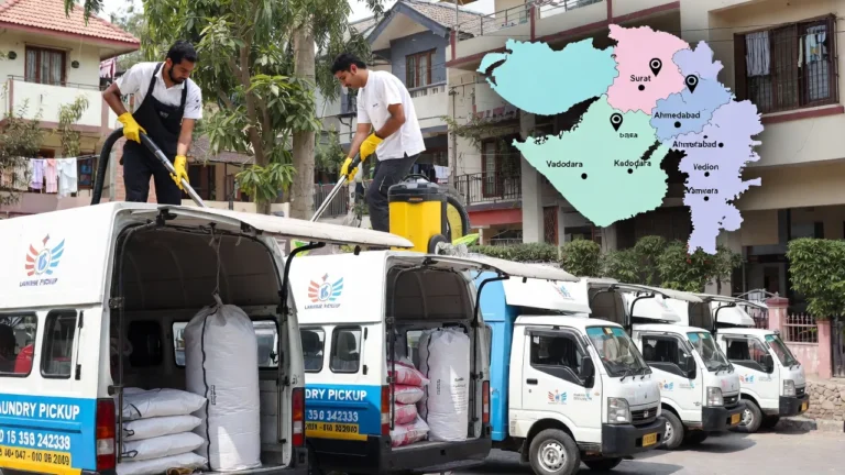 Professional home services team with laundry pickup vans, cleaning equipment, and appliance repair in action, overlaid with Gujarat map, for top home services franchise opportunities in India 2026