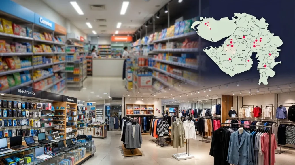 Modern retail store interior in India showing fashion clothing racks, electronics shelves, and convenience products with Gujarat map overlay, representing top retail franchise opportunities in 2026