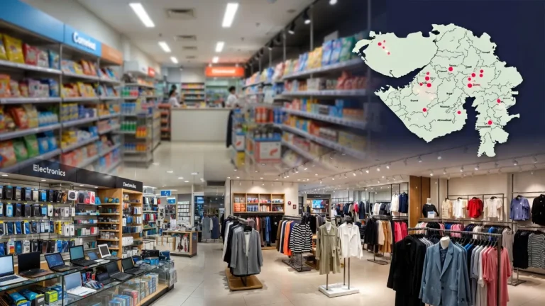 Modern retail store interior in India showing fashion clothing racks, electronics shelves, and convenience products with Gujarat map overlay, representing top retail franchise opportunities in 2026
