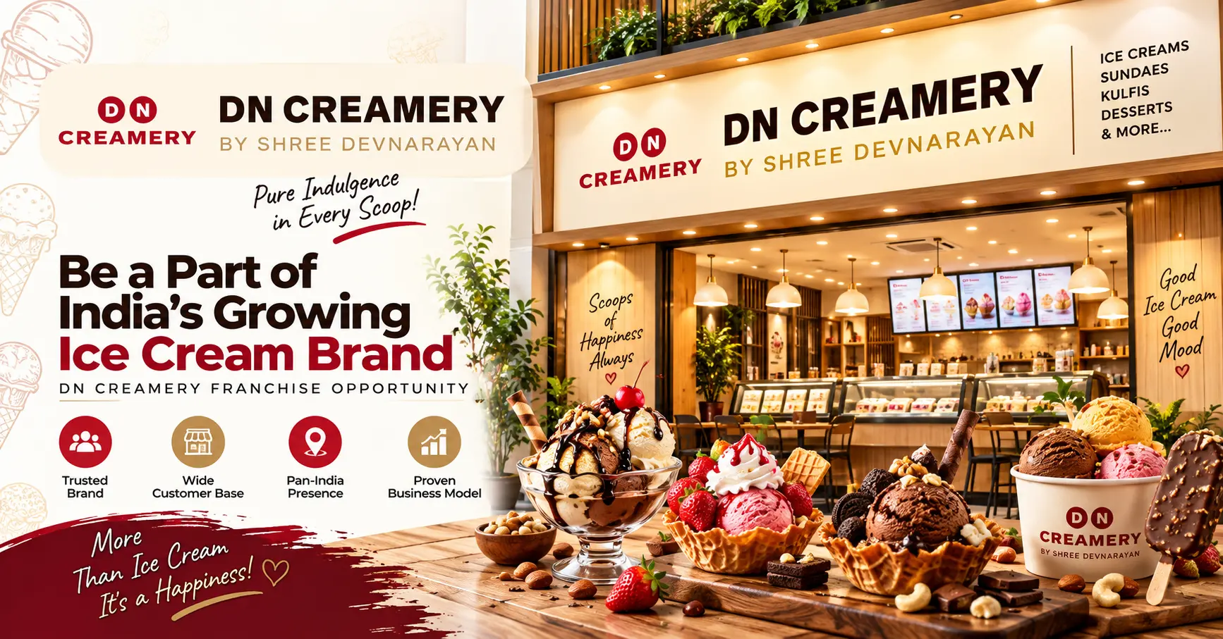 DN Creamery ice cream franchise outlet serving scoops, thick shakes, sundaes, waffles and falooda in Gujarat