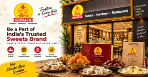 Gwalia Sweets and Restaurant outlet displaying traditional Indian mithai and namkeen, representing the Gwalia Sweets franchise opportunity