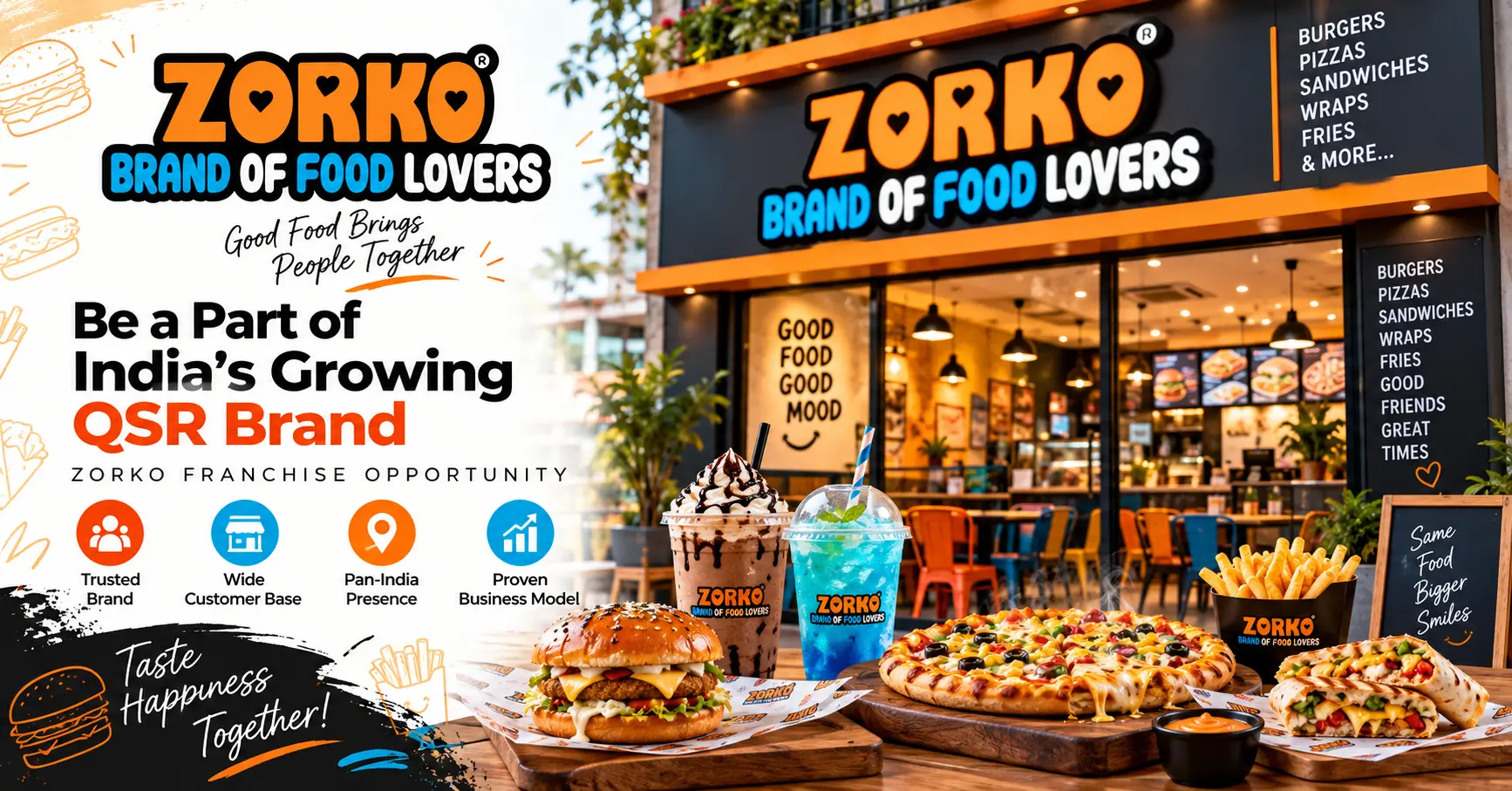 ZORKO vegetarian fast-food franchise outlet serving burgers, pizza, wraps and beverages in India