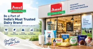 Amul franchise opportunity banner featuring an Amul store and dairy products